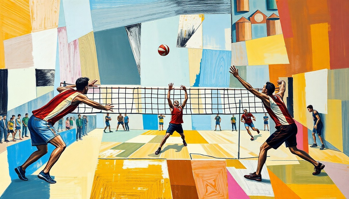 A vibrant, cubist-style painting depicting the dynamic movements and energy of a men's volleyball match, with players and the court fragmented into sharp, overlapping geometric shapes and planes.