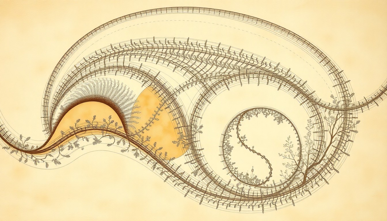 A bold, abstract painting in muted greens, browns, and blues, featuring sweeping geometric arcs, intersecting waveforms, and precise botanical spirals, conceptually representing the complex migration patterns and life cycles of amphibians.