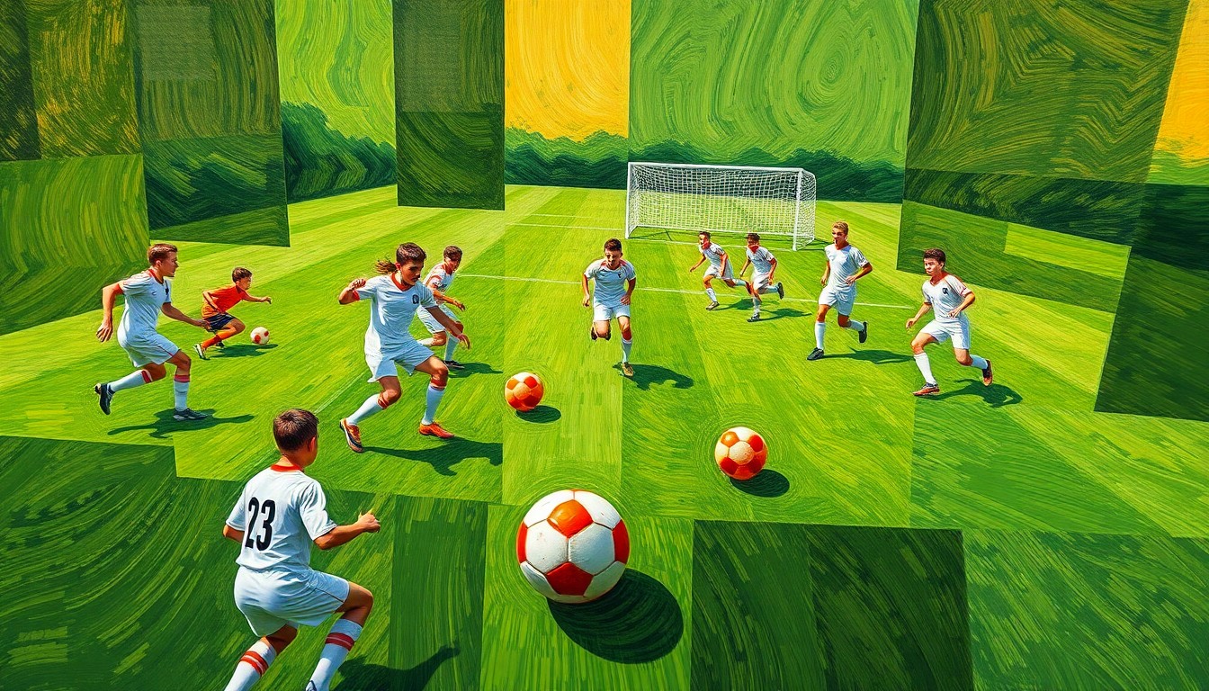 A fragmented, geometric painting depicting the dynamic movements and perspectives of a high school soccer game, with overlapping planes of green, white, and orange.