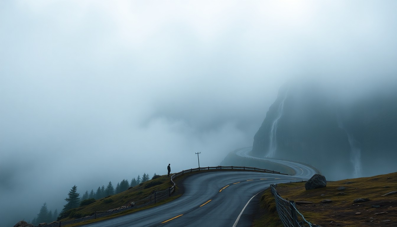A sweeping, atmospheric landscape painting in muted tones, with the winding road through Stone Mountain obscured by heavy fog, conveying a sense of melancholy and the overwhelming scale of the natural world.