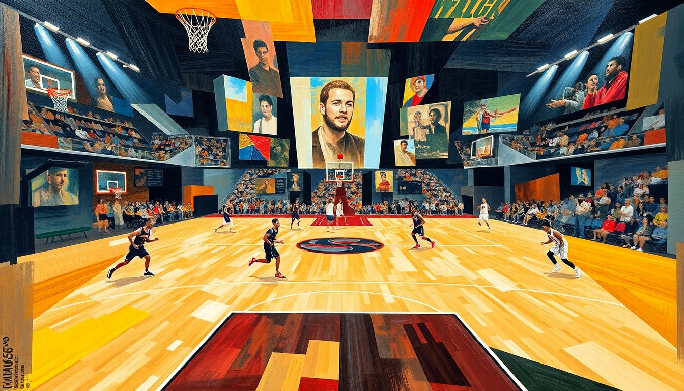 A fragmented, geometric painting depicting a basketball game or match, with sharp, overlapping planes of color and form representing the dynamic action on the court.