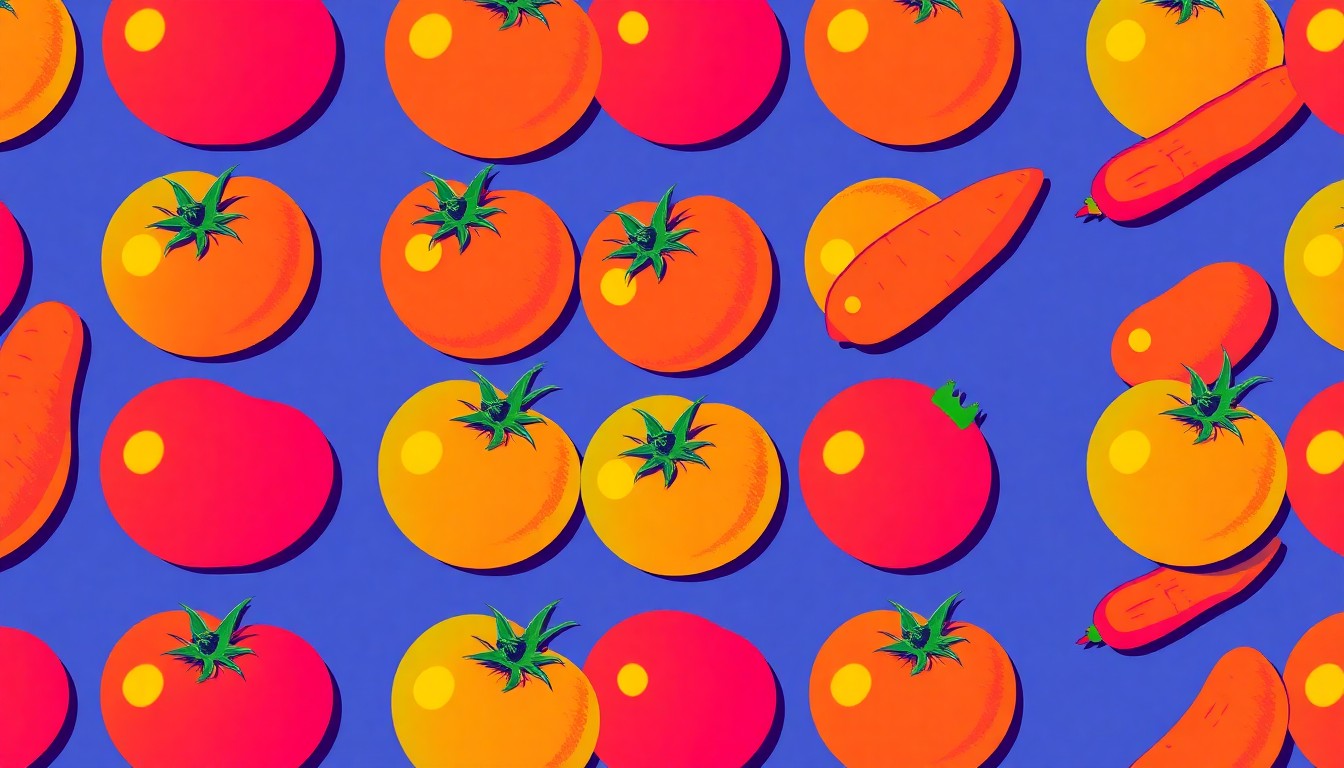 A high-contrast, silkscreen-style illustration of a single, iconic farmers market produce item like a tomato or carrot, repeated in a grid pattern with bold, unnatural colors and heavy black outlines, conceptually representing the energy and variety of a local farmers market.