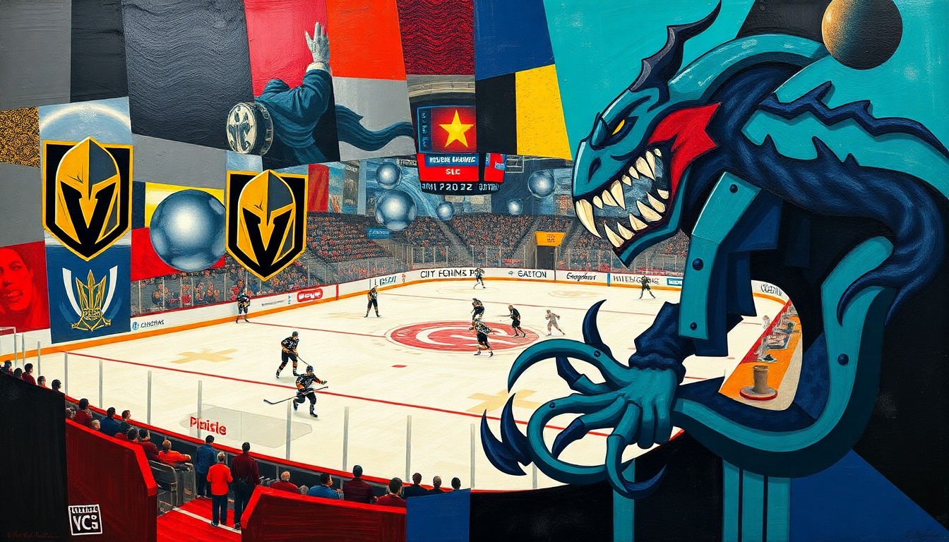 A cubist, geometric painting depicting a hockey game in progress, with the players and the ice surface broken down into sharp, overlapping planes of color representing the official team colors of the Vegas Golden Knights and Seattle Kraken.