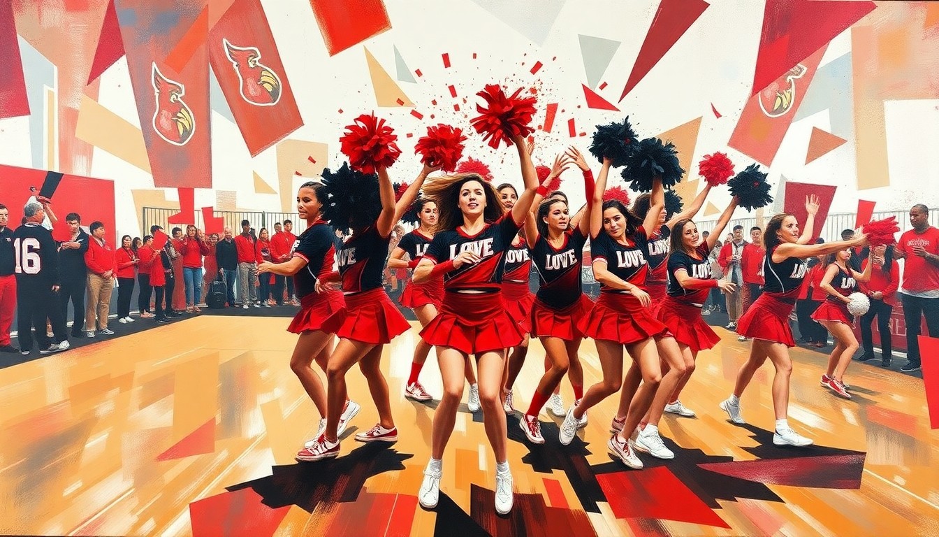 A cubist, geometric illustration depicting a cheerleading routine broken down into overlapping planes of vibrant red, black, and white colors, conceptually representing the lack of institutional support for the program's sustained excellence.