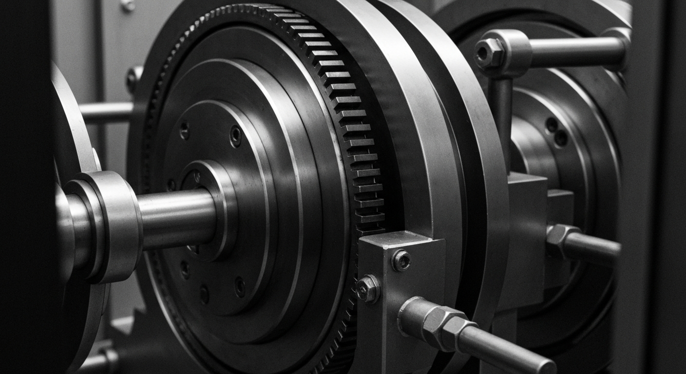 A high-contrast, black and white close-up photograph of the inner mechanisms and gears of a large, industrial bank vault or financial institution machinery, conveying a sense of security and institutional power without using literal currency or stock tickers.