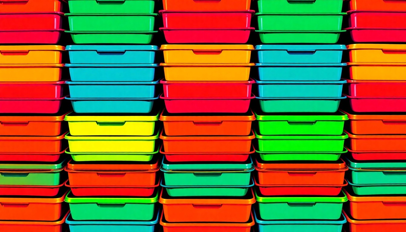 A bold, colorful silkscreen-style illustration featuring a repeating grid of meal trays in a neon color palette, conceptually representing the vital services provided by Meals on Wheels OC.