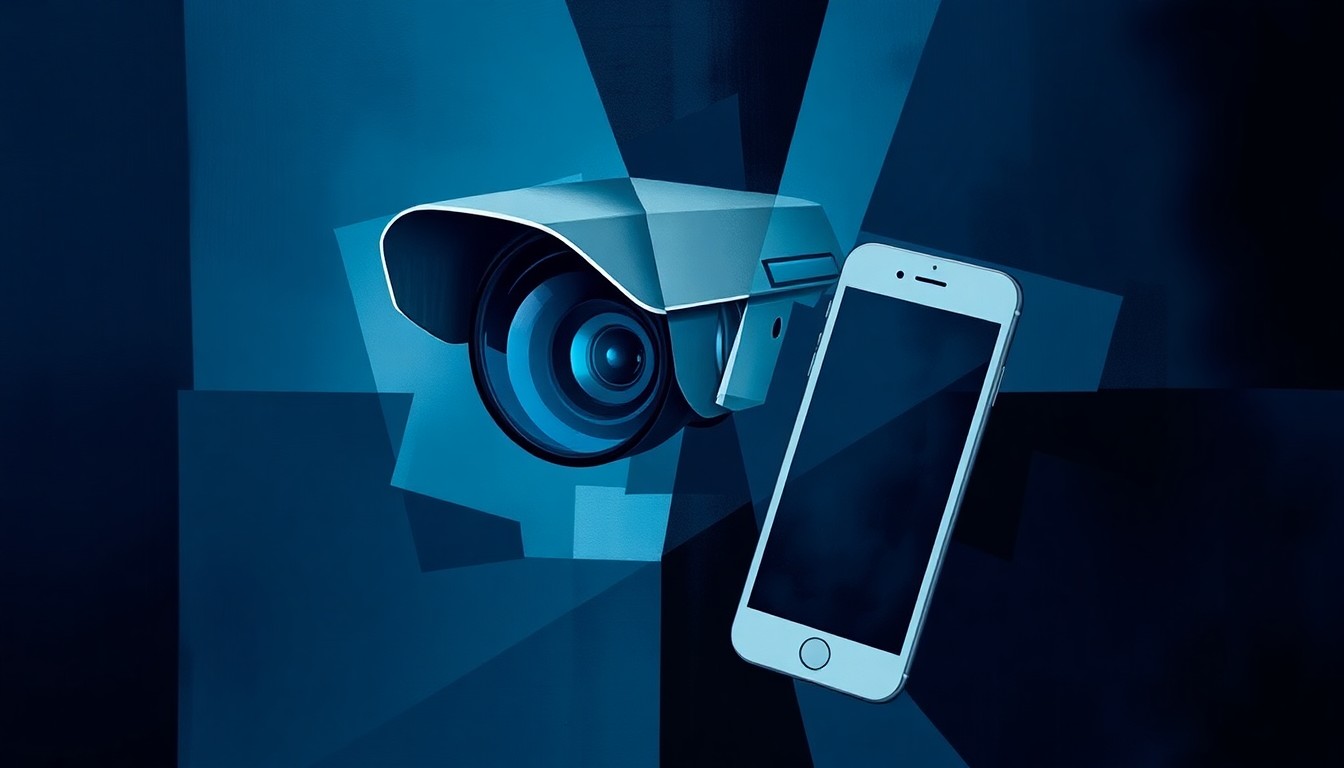 A conceptual illustration featuring overlapping, fractured geometric shapes in shades of blue and gray, representing the complex and divided nature of the debate over surveillance technology in Dunwoody.