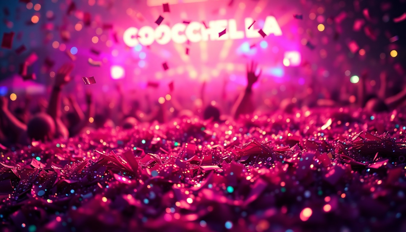 An extreme close-up photograph of shimmering festival confetti and sequins, capturing the vibrant energy and youthful spirit of the Coachella music event.