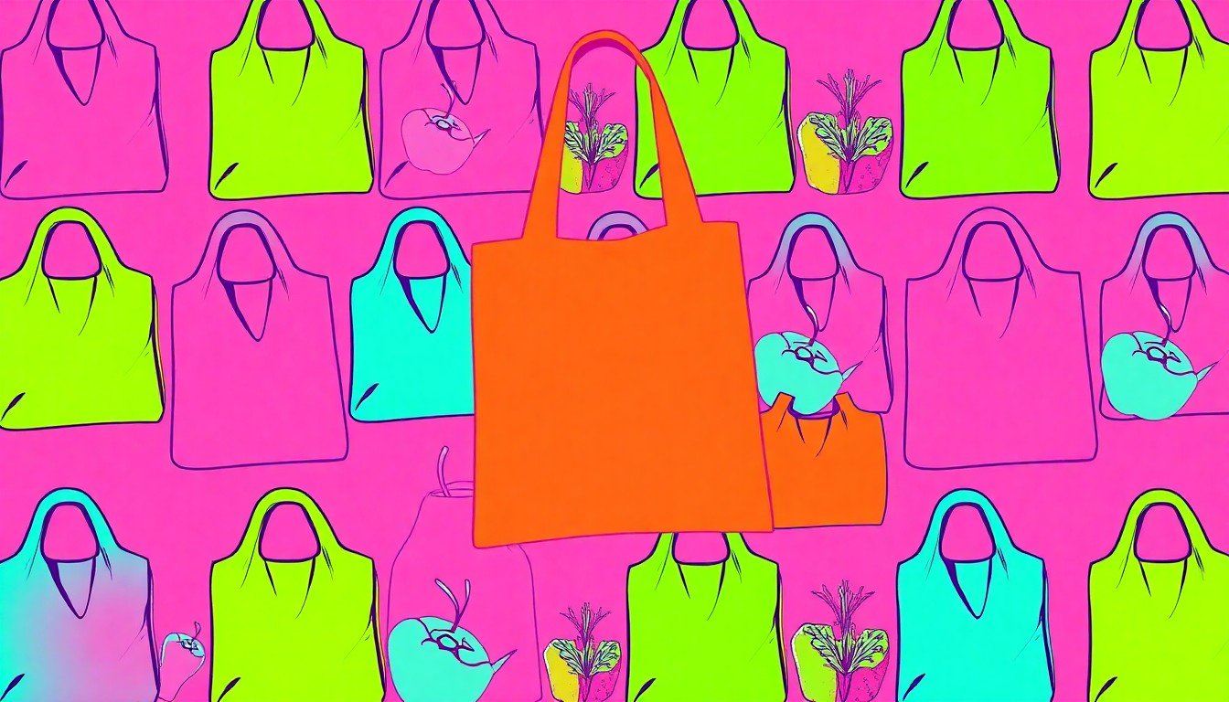 A highly stylized, abstract grid of brightly colored, silkscreened images of organic produce and natural beauty products, conceptually representing the diverse product offerings and community-focused mission of the Rainbow Grocery Cooperative.