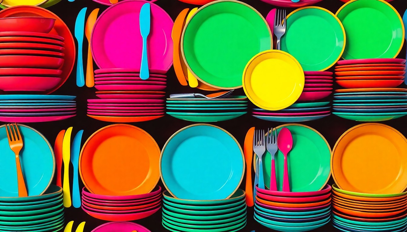 A visually striking, abstract silkscreen print composed of brightly colored plates, bowls, and utensils arranged in a repeating grid pattern, conceptually representing the joyful energy and community spirit of the Boys & Girls Clubs fundraising event.