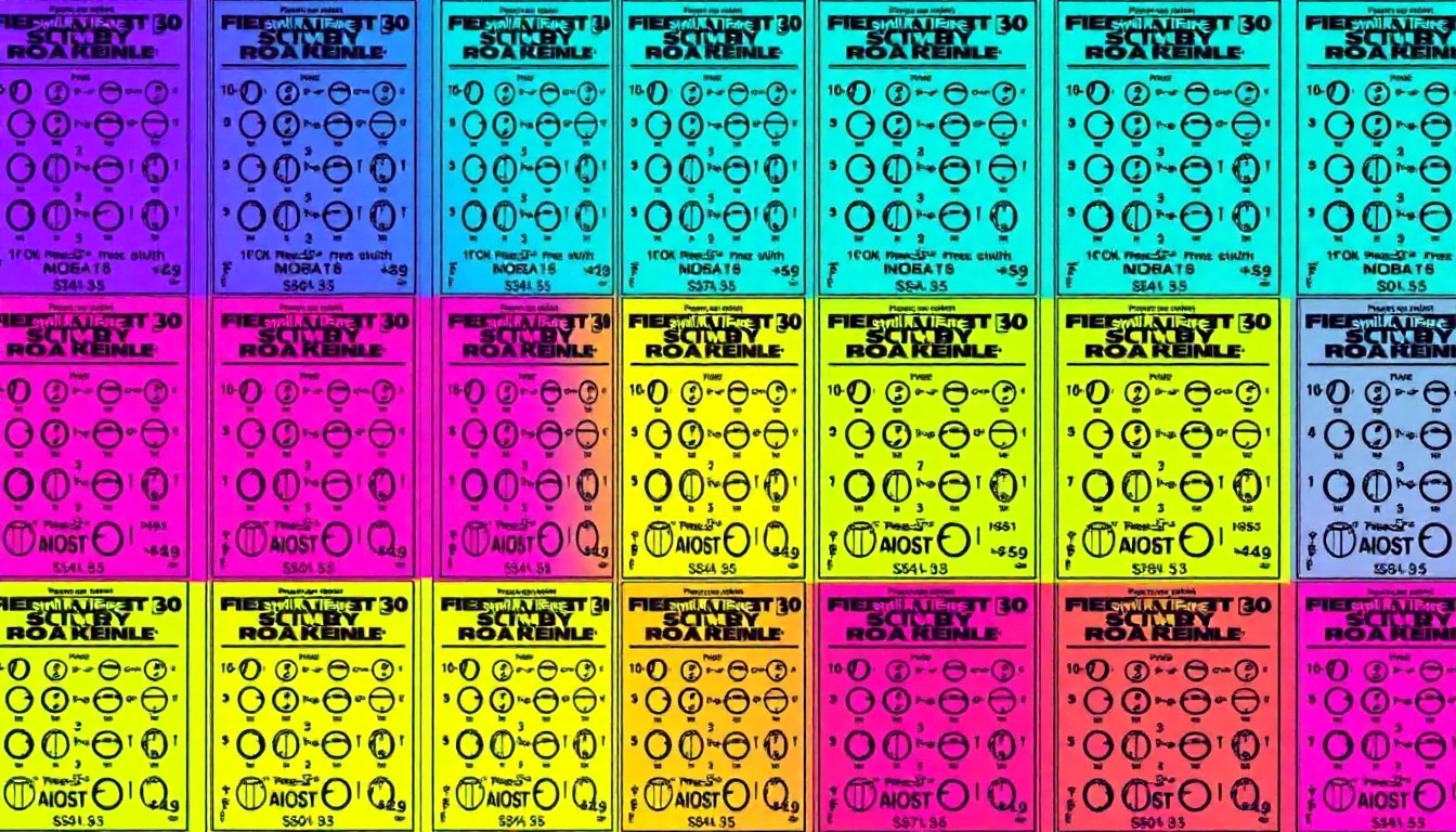 A highly stylized, abstract grid of brightly colored lottery scratch-off tickets, capturing the thrill and anticipation of a big prize in a modern pop art aesthetic.
