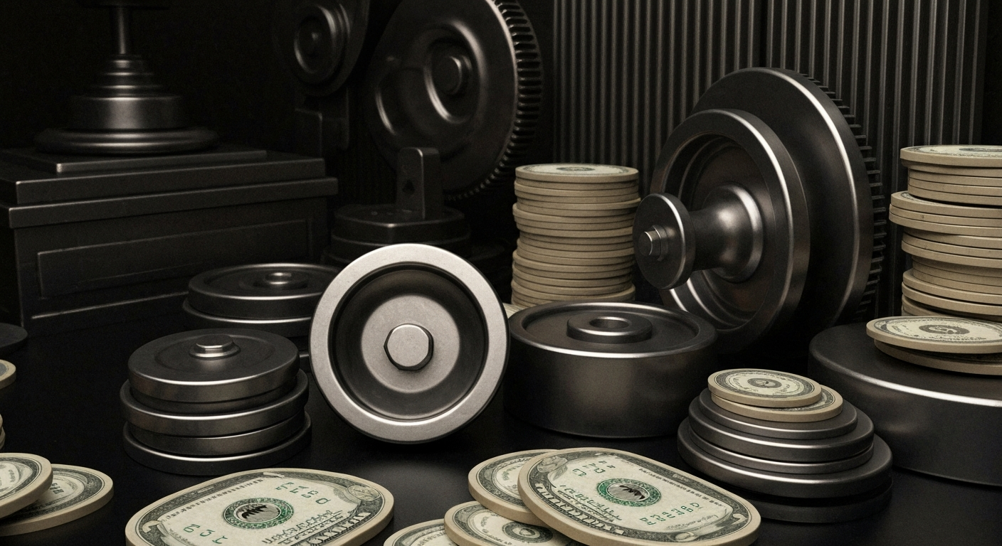 An extreme close-up of intricate, industrial-looking financial machinery and equipment, conveying a sense of power, security, and the complex inner workings of the banking system.