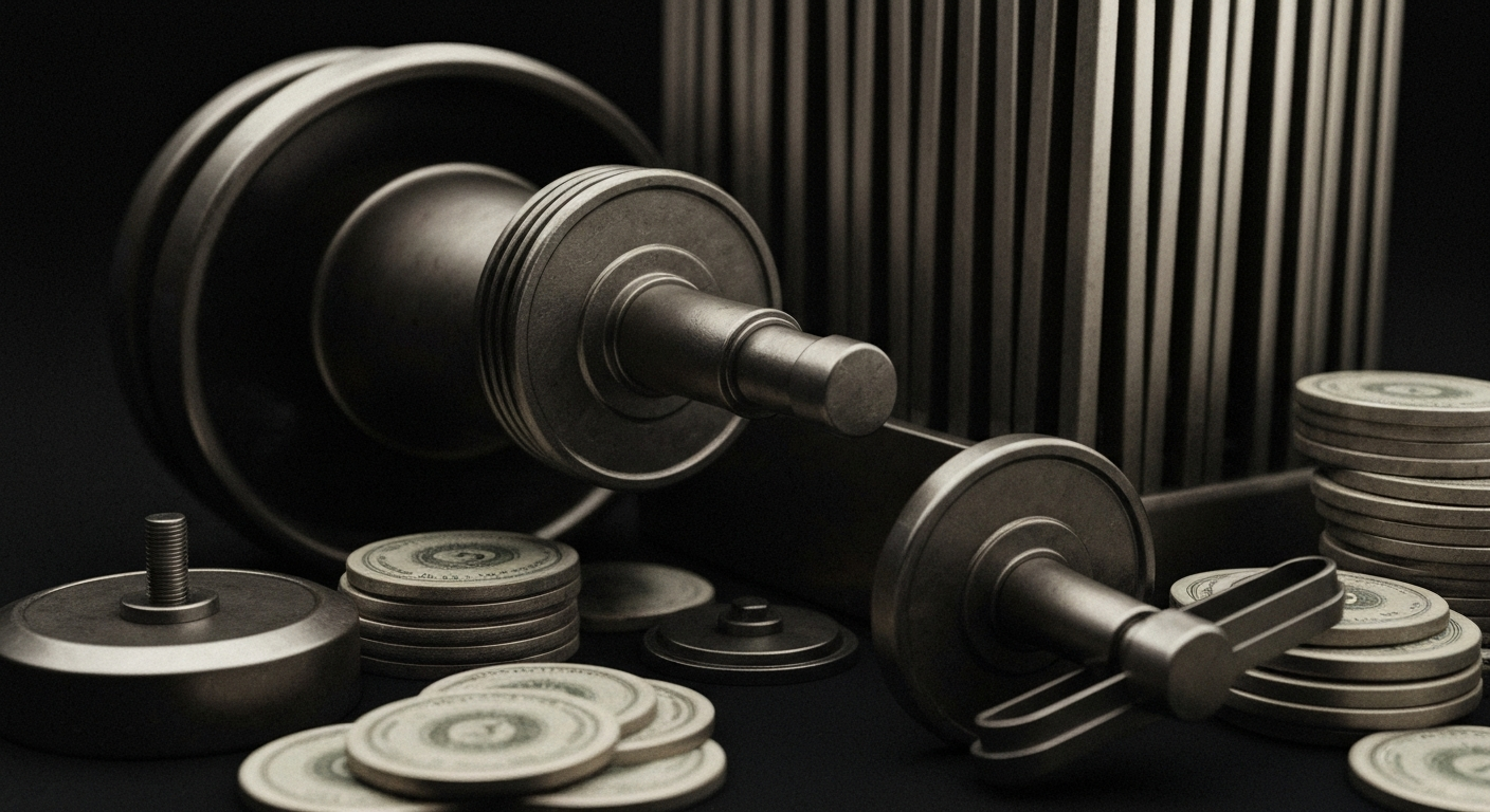 An extreme close-up of gears, levers, and other industrial machinery in muted tones, conveying the complex financial mechanisms underlying a publicly traded food company.