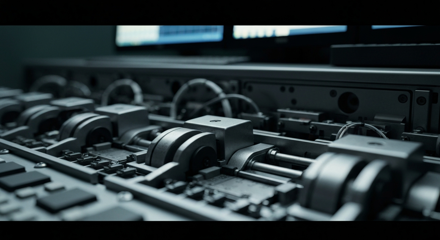 A highly detailed, black-and-white close-up image of the internal components and machinery of a stock trading terminal, conveying a sense of the power and complexity of the financial system through its intricate textures and industrial design.