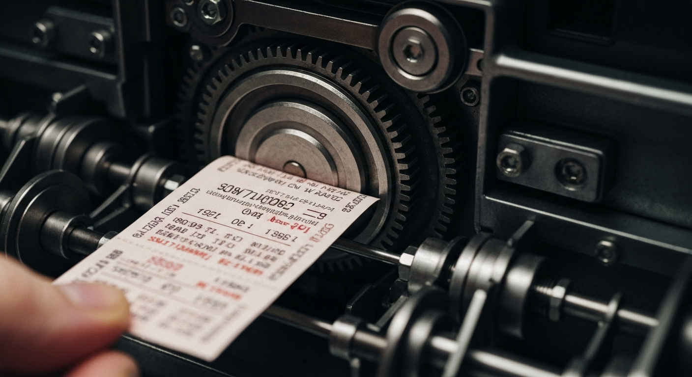 An extreme close-up of the inner workings of a lottery terminal, with gears, circuits, and mechanical components filling the frame in a high-contrast, industrial style.