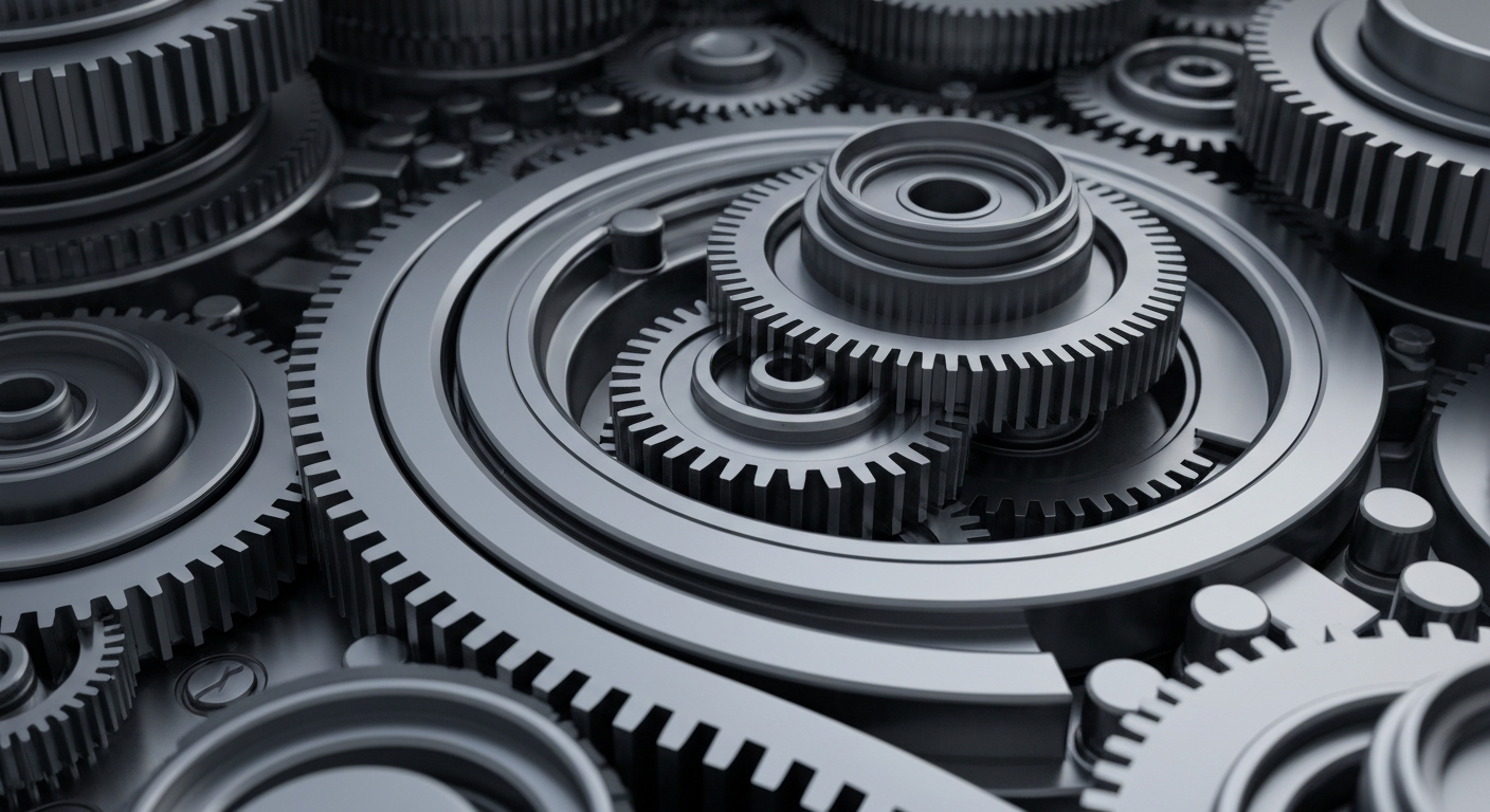 An extreme close-up of highly detailed, metallic gears and machinery in shades of silver, gray, and black, conceptually representing the intricate financial infrastructure that powers the biotech industry.