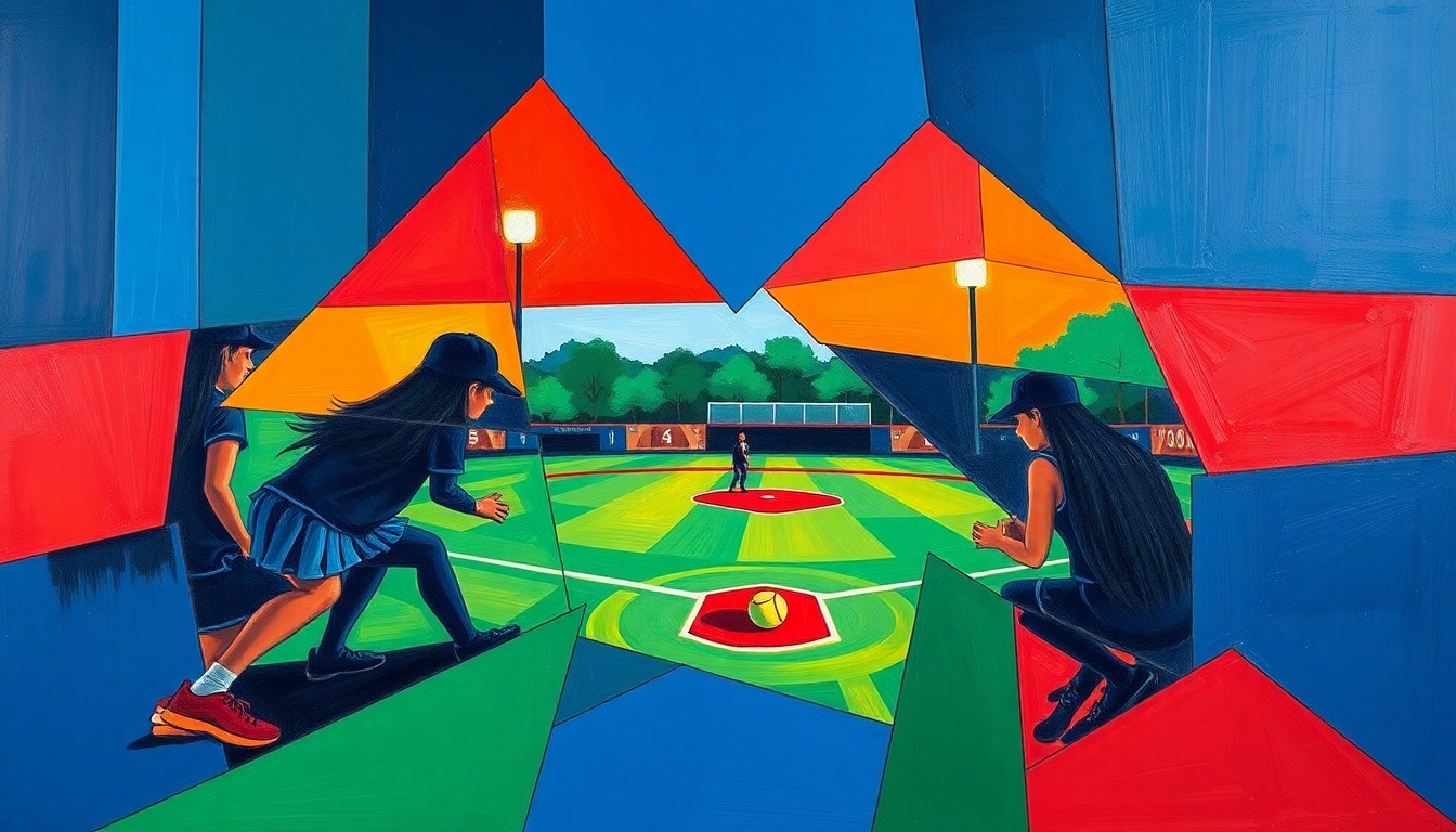 A cubist, geometric painting depicting the action of a high school softball game, with players and the ball fragmented into overlapping planes of vibrant colors.