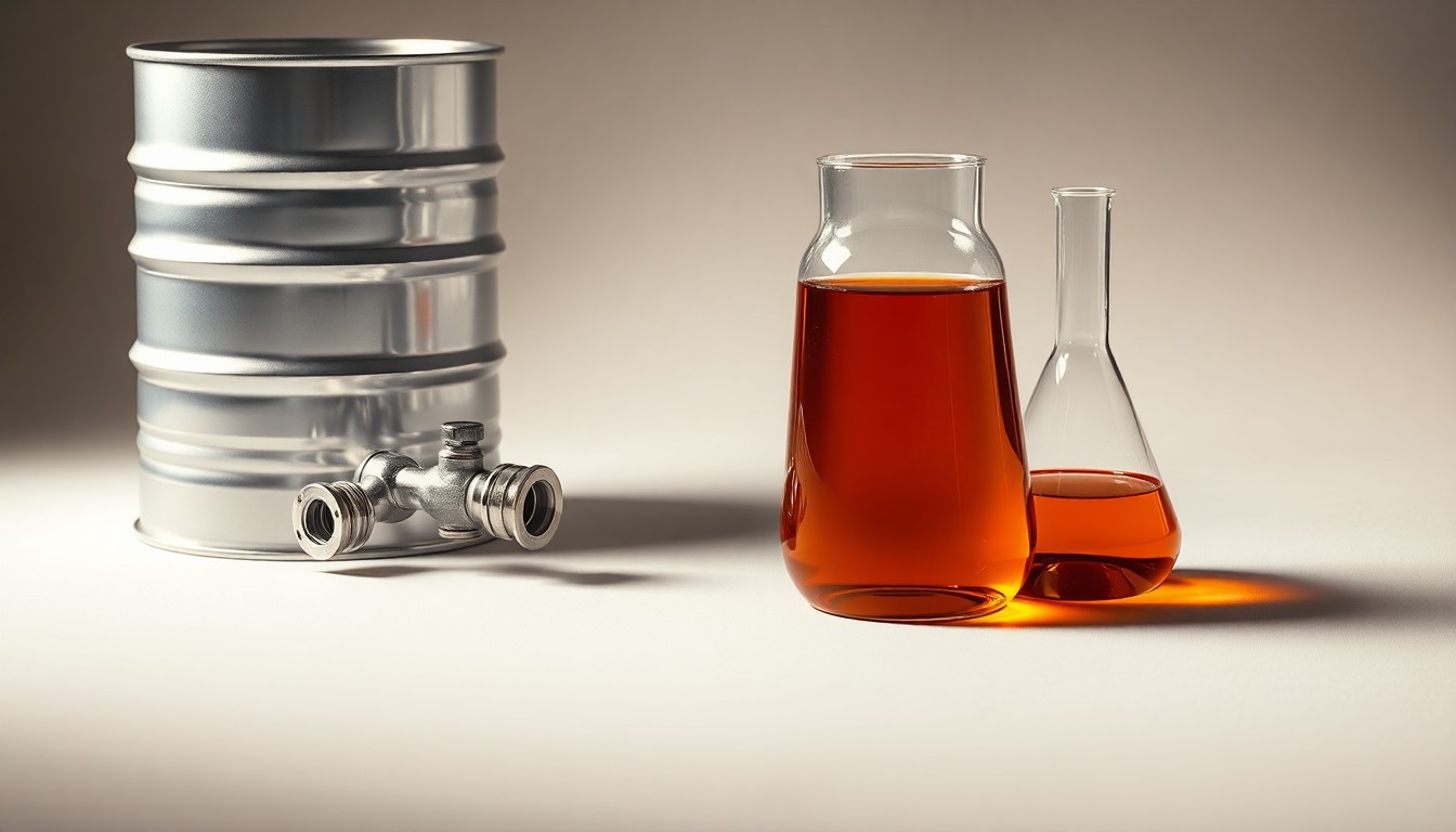 A high-end, photorealistic studio still-life photograph featuring a polished metal oil barrel, a sleek chrome valve, and a glass beaker filled with a viscous amber liquid, all arranged elegantly on a clean, monochromatic seamless background, conceptually representing the abstract concepts of corporate strategy, finance, and global energy markets.