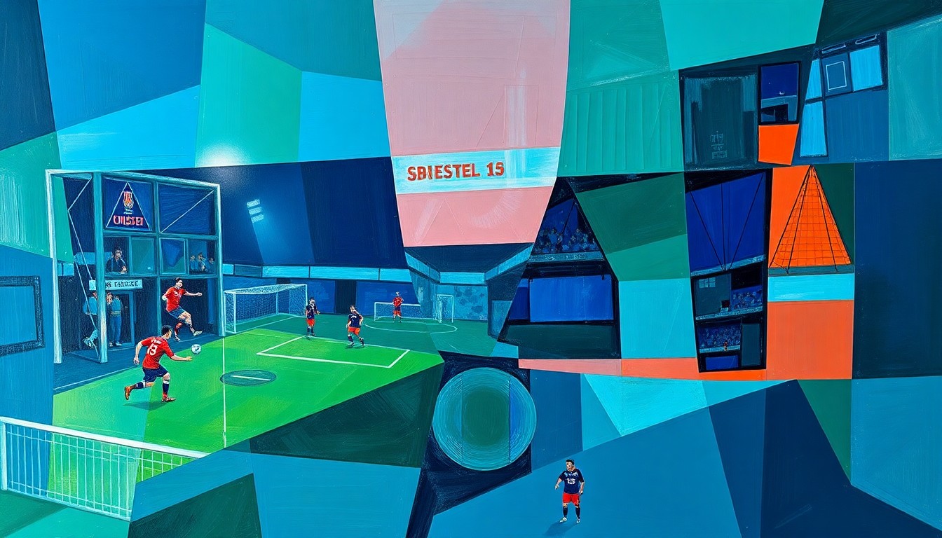A cubist, geometric painting depicting a fragmented soccer match or training session, with sharp, overlapping planes of color in blues, greens, and reds, conceptually representing Korea's preparation for the high-altitude challenges of the World Cup.