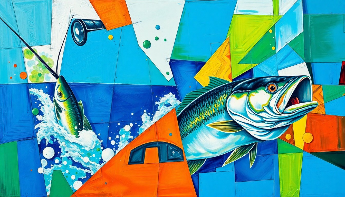 A fragmented, geometric painting in blues, greens, and silvers depicting the dynamic motion and competition of a high school fishing tournament.
