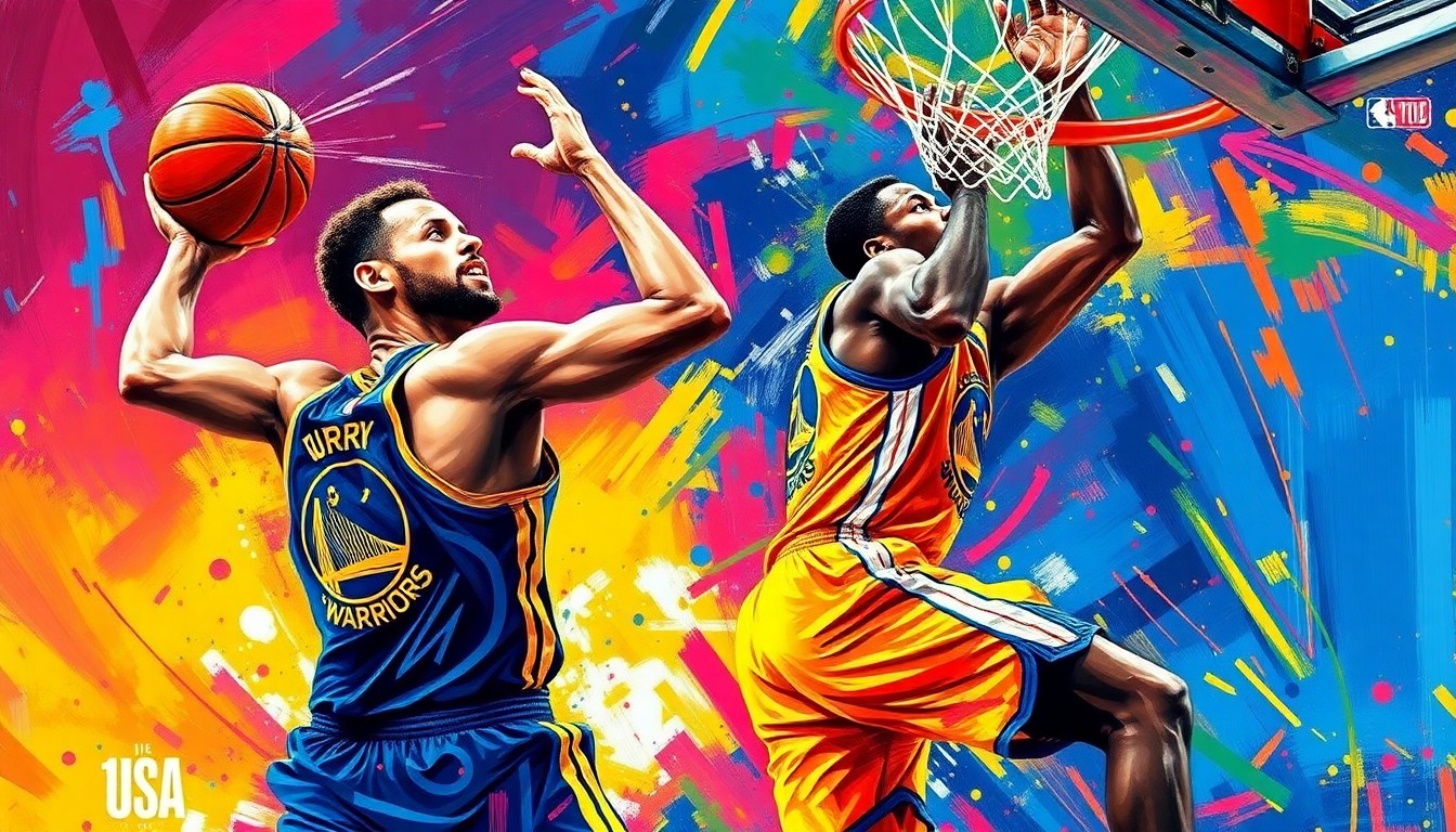 An abstract, energetic painting featuring dynamic brushstrokes and neon colors that capture the intensity and excitement of the Warriors' come-from-behind victory over the Clippers.