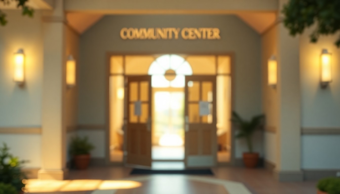 An abstract, impressionistic photograph of a blurred community center entrance, with warm, glowing light and color creating a sense of celebration and togetherness.