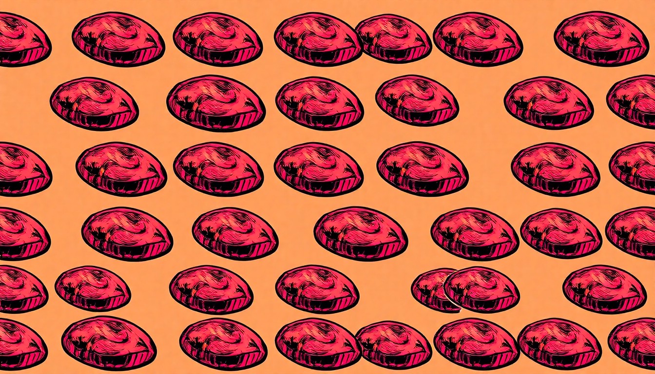 A brightly colored, high-contrast silkscreen print of a single, iconic eggplant bureka pastry repeated in a tight grid pattern, utilizing flat, vibrant, and unnatural neon color palettes overlapping with heavy black photographic outlines to turn the everyday bureka into modern pop art.