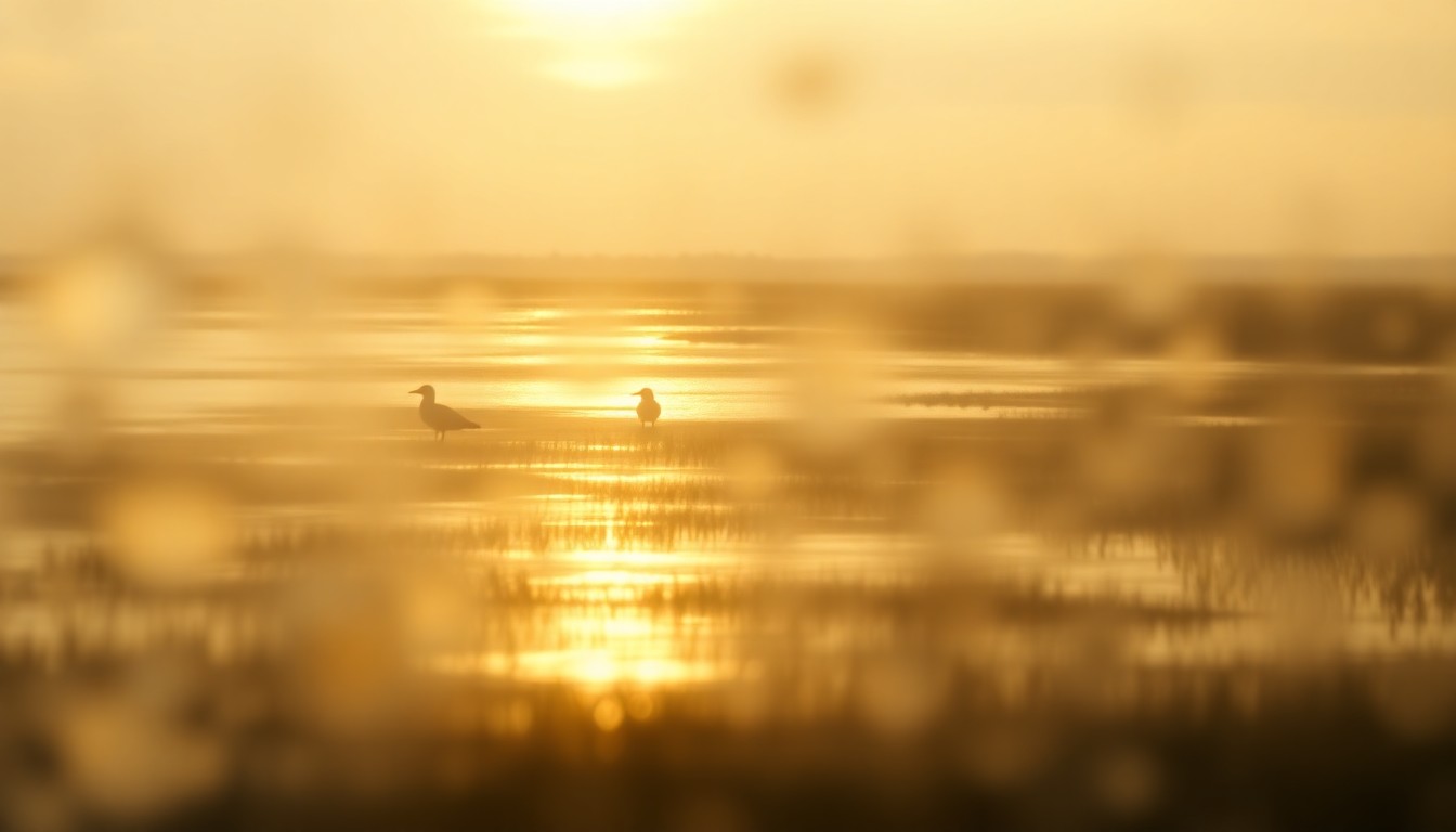 An abstract, impressionistic photograph of a coastal wetland scene, with soft, blurred shapes and muted colors suggesting the presence of shorebirds and other wildlife.