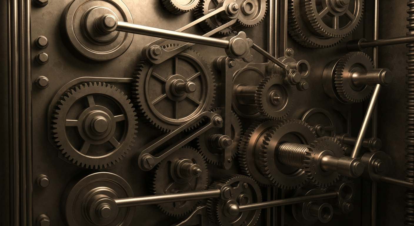 An extreme close-up view of a complex network of gears, levers, and mechanical components in a banking vault, representing the inner workings of the financial industry with muted tones of steel, bronze, and shadow.