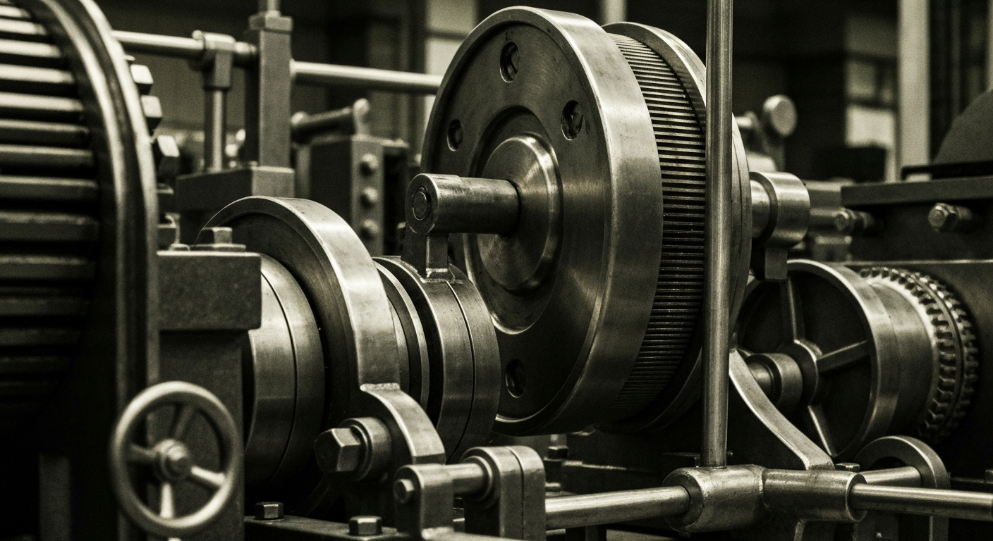 A highly detailed, cinematic close-up image of heavy, industrial banking machinery and equipment, conveying a sense of institutional financial security and stability.