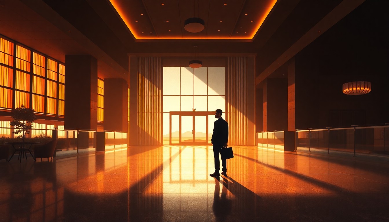 A solitary businessman in a suit standing alone in the warm, shadowy lobby of a high-end resort, conveying a sense of quiet contemplation and the political tensions surrounding the guest worker visa program.