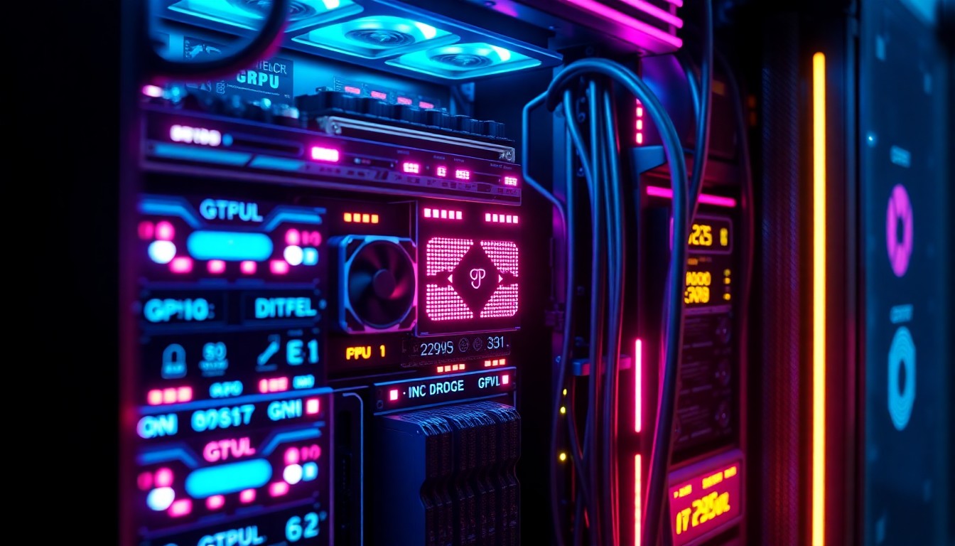 A highly detailed, glowing 3D macro illustration of a futuristic GPU server rack, with neon cyan and magenta lights illuminating the intricate hardware components, conceptually representing Allbirds' shift to providing GPU compute infrastructure.