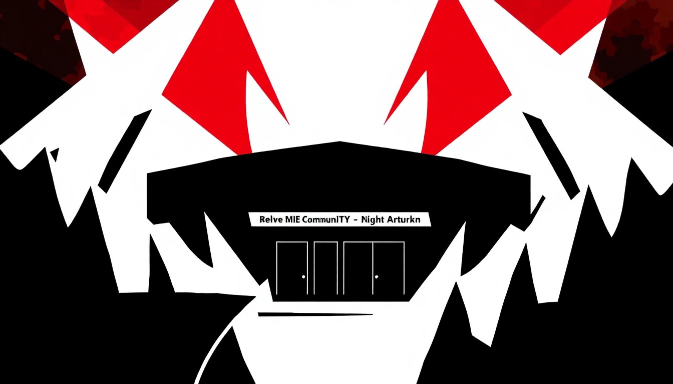 An abstract illustration featuring bold, angular black shapes against a bright red background, conveying the energy and anticipation around the revival of a local theater company.