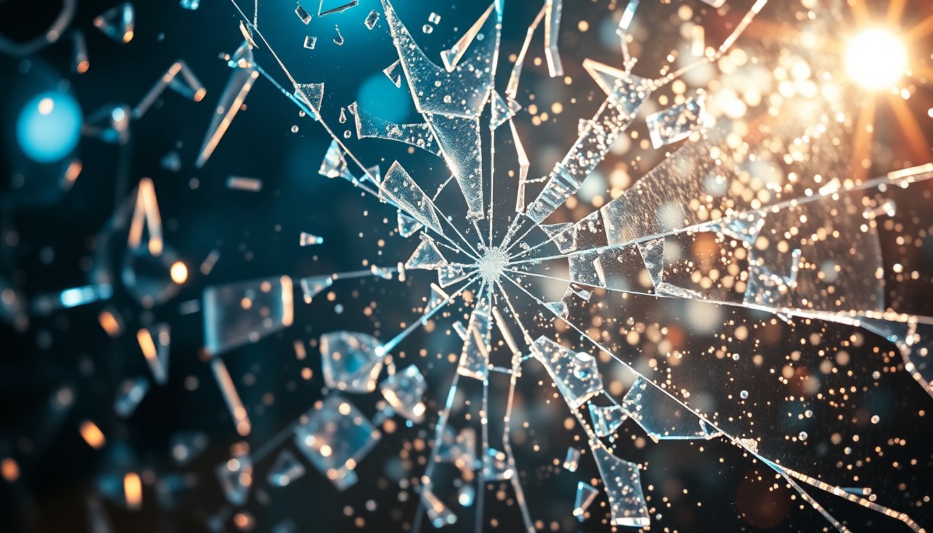 An abstract close-up image featuring shattered glass and glittering reflections, conveying the high-stakes, high-tech nature of the Hollywood film industry.