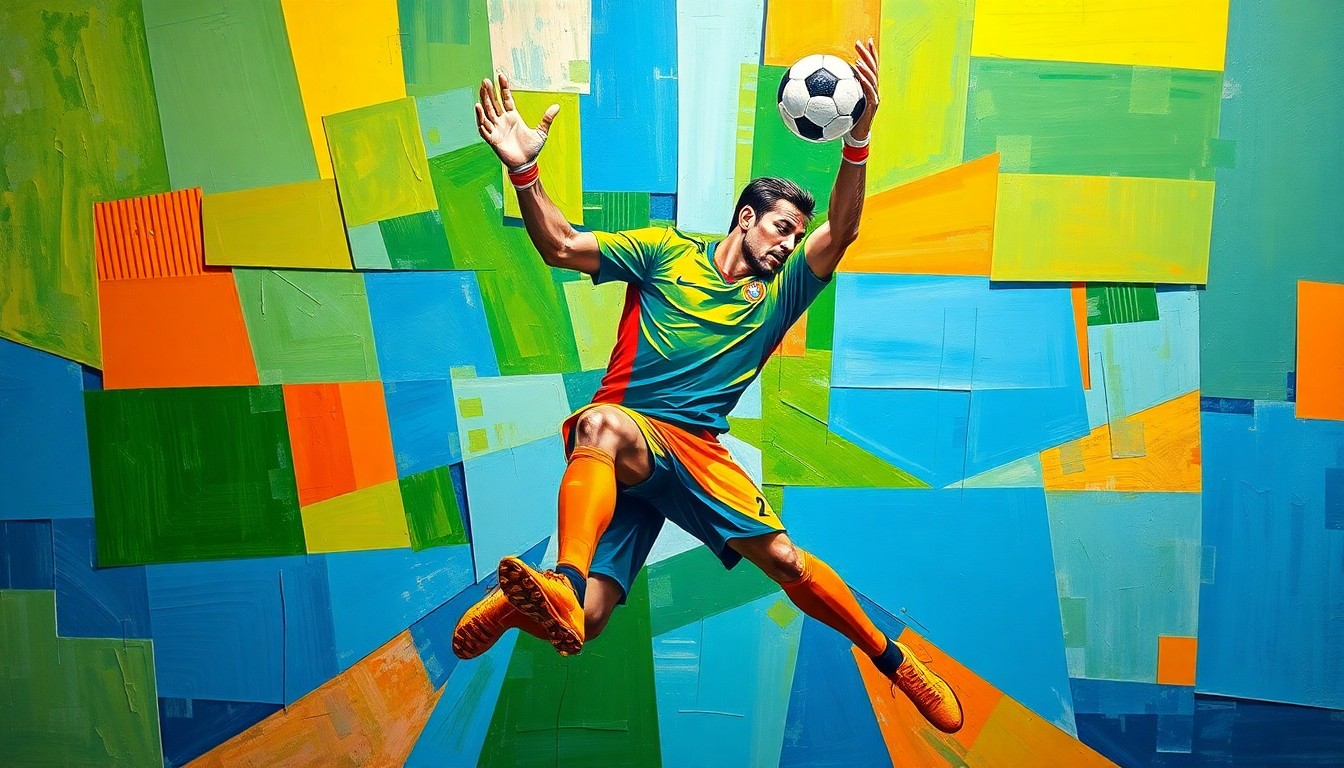 A fragmented, geometric painting depicting a soccer goalkeeper in action, with sharp planes of vibrant blue, green, and orange colors, conveying the dynamic and multifaceted nature of a potential transfer.
