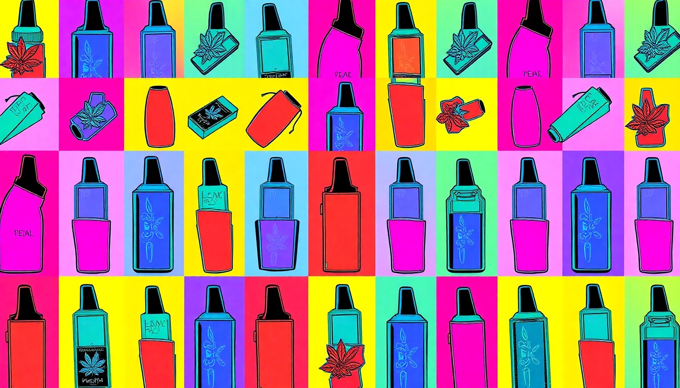 A high-contrast, silkscreen-style illustration featuring a repeated pattern of a single cannabis product, such as a pre-roll or vape cartridge, in a grid of bright, neon colors and heavy black outlines, conceptually representing the diverse and innovative cannabis offerings in Tucson.