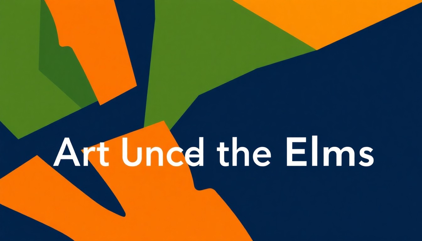 An abstract, minimalist illustration composed of sharp, angular shapes in warm earth tones, conceptually representing the diverse artistic expressions and creative energy of the Art Under the Elms festival.