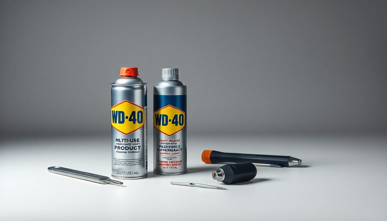 A high-end, photorealistic studio still-life photograph featuring a polished metal can of WD-40 Multi-Use Product, a premium lubricant bottle, and a set of precision tools arranged elegantly on a clean, monochromatic background, conveying a sense of quality, durability, and technical expertise.