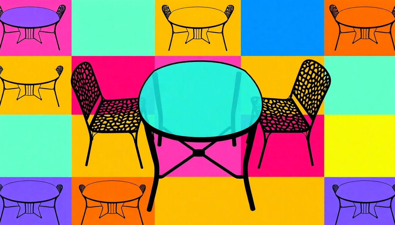 A boldly colored, abstract silkscreen-style illustration featuring multiple repeating images of a glass patio table in bright, neon-like hues, conceptually representing the customization and personalization options available for outdoor furniture.