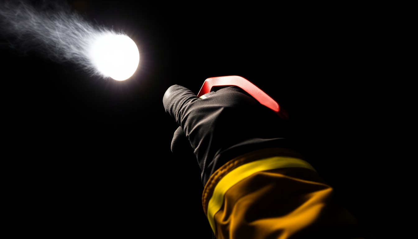 An extreme close-up of a firefighter's gloved hand holding a fire extinguisher nozzle, capturing the gritty, investigative aesthetic of the scene.
