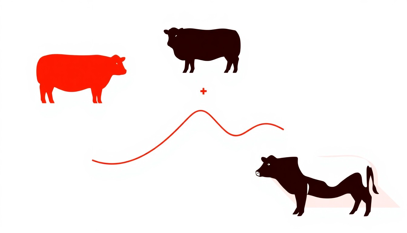 An abstract illustration using bold geometric shapes and primary colors to conceptually represent the supply, demand, and pricing dynamics in the beef industry.