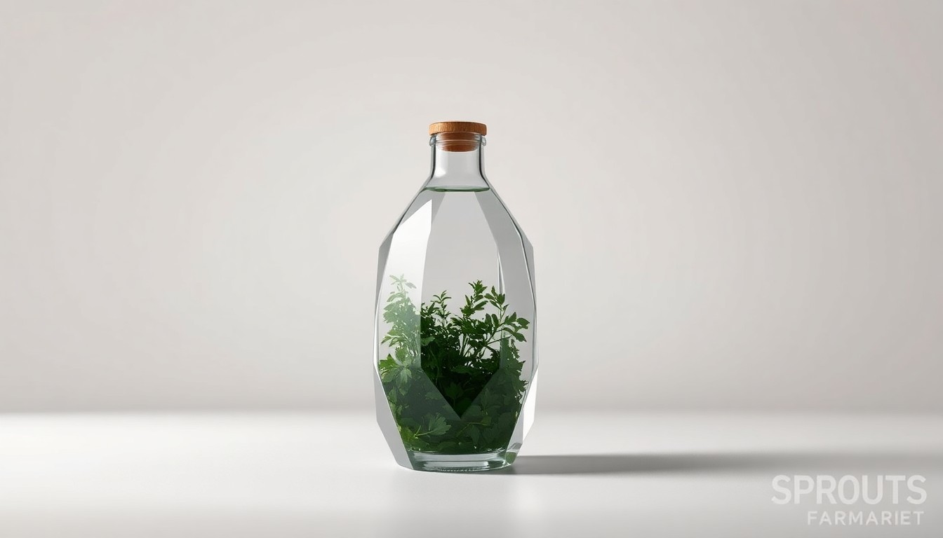 A photorealistic studio still life featuring a polished glass container filled with organic produce, floating elegantly against a clean, monochromatic background with dramatic lighting and deep shadows to symbolize the premium quality and health-conscious values of the Sprouts Farmers Market brand.