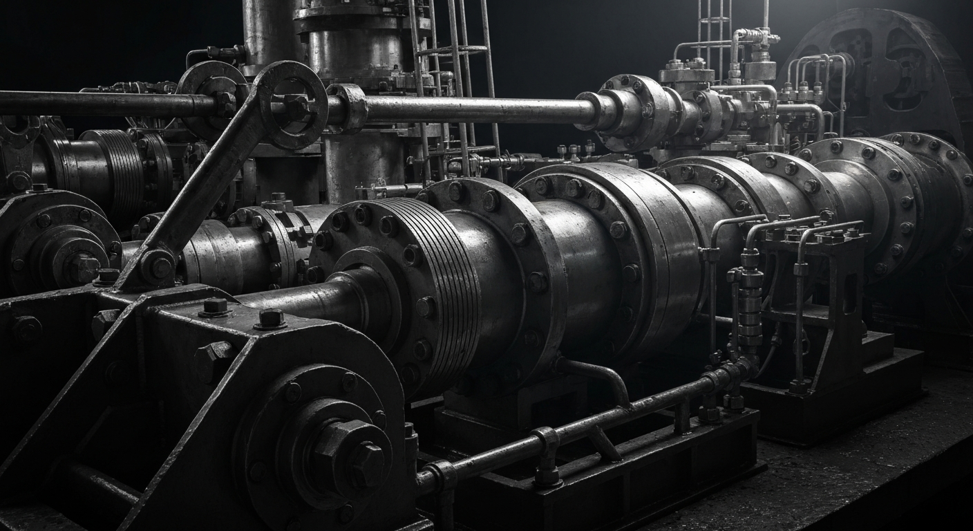 An extreme close-up of complex, industrial machinery and equipment used in oil and gas operations, dramatically lit to convey a sense of power and technological innovation without any text or identifiable branding.