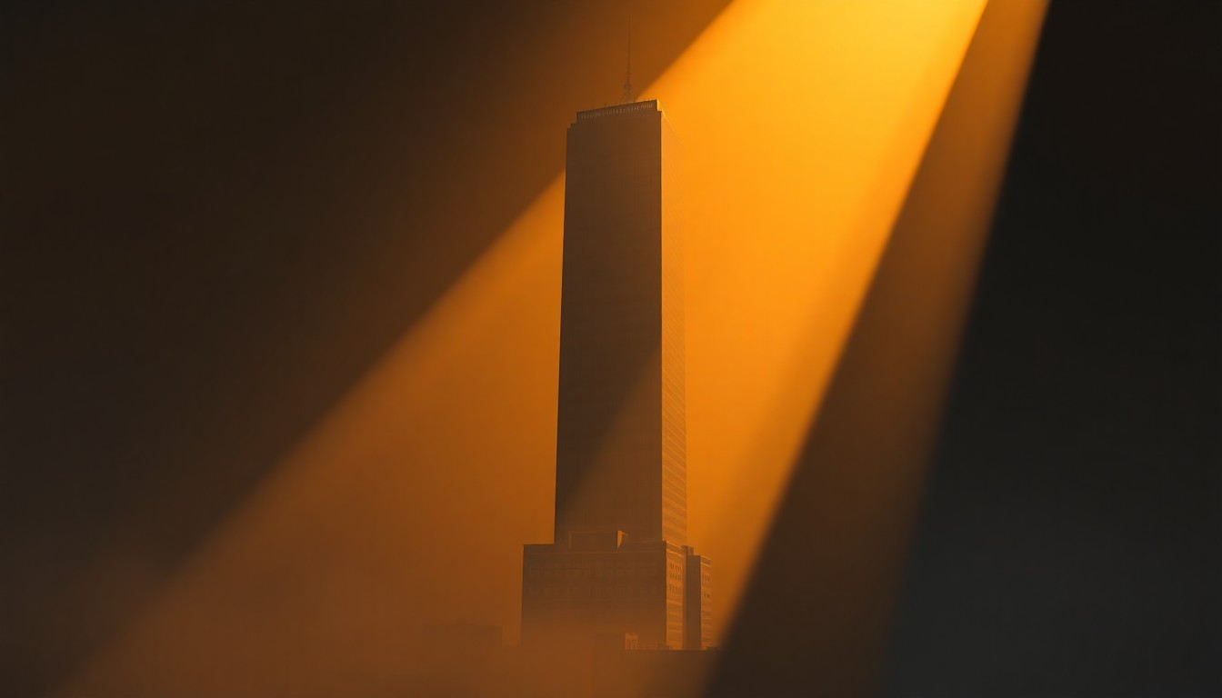 A cinematic painting of a solitary skyscraper in warm, diagonal sunlight and deep shadows, conceptually representing the political influence of the former president.