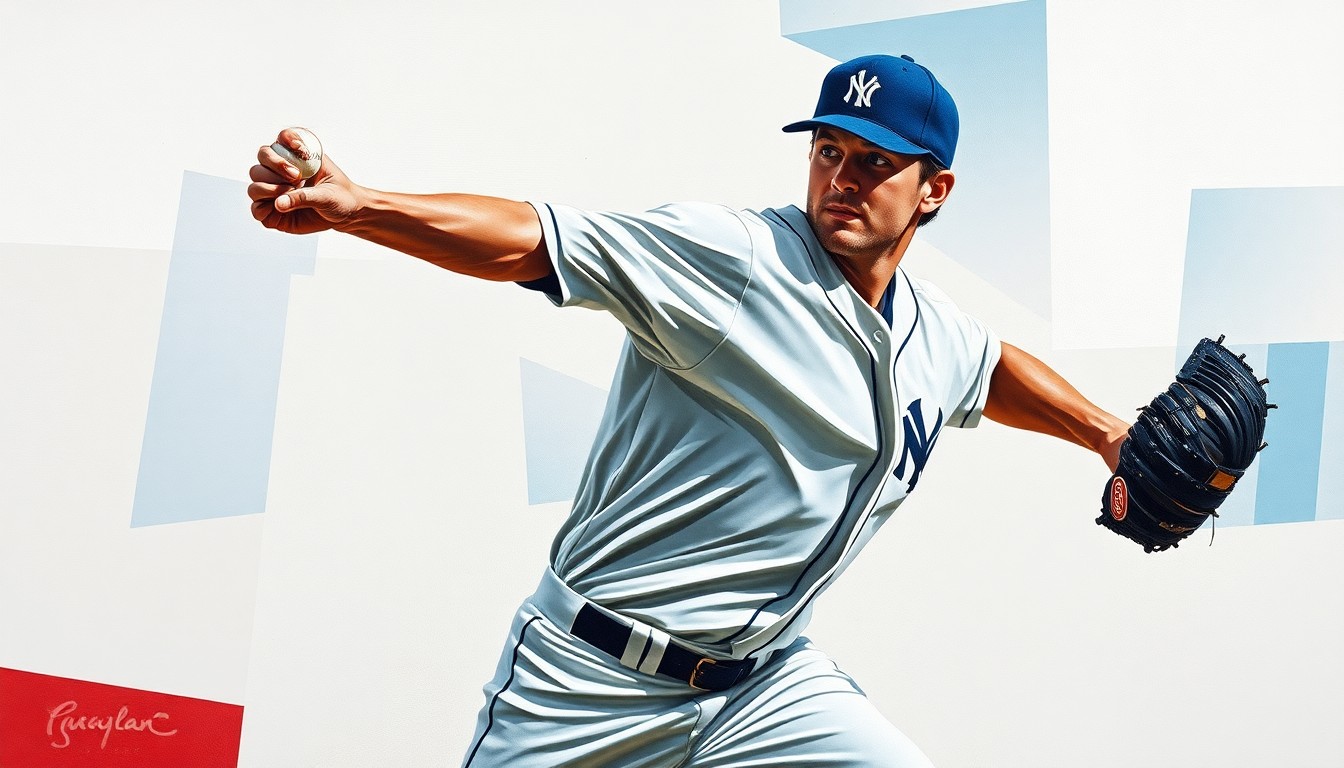 A fractured, geometric painting depicting the dynamic motion and energy of a baseball pitcher's delivery, with the pitcher's face and uniform abstracted into unrecognizable shapes.