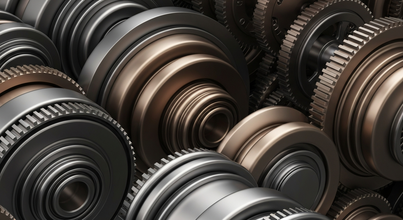 An extreme close-up of intricate, interlocking metal gears and machinery, conveying the complex, industrial nature of the banking and financial services industry.