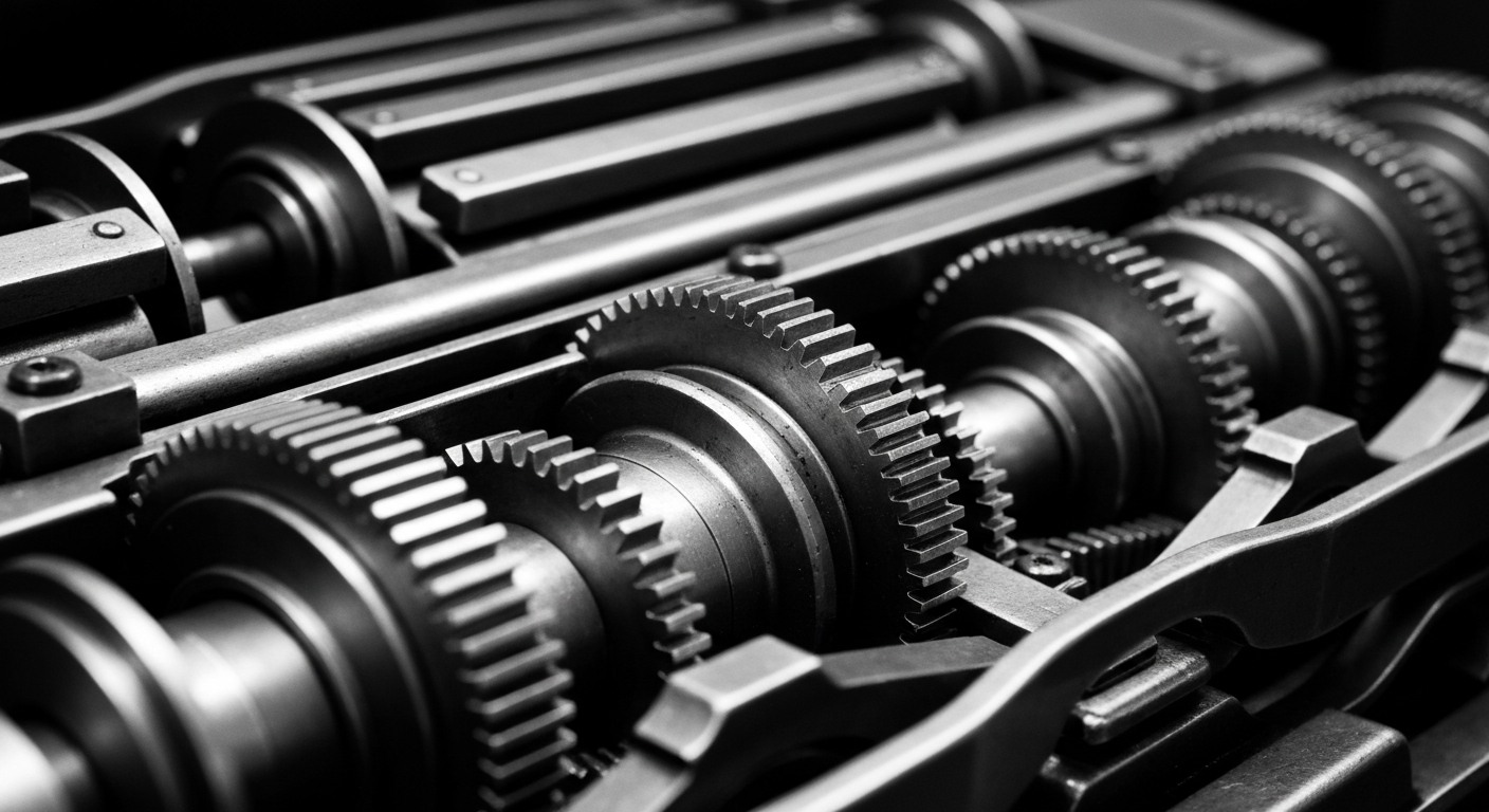 A high-contrast, cinematic close-up of the complex inner workings of a financial transaction processing machine, conveying the industrial might and technical precision of the financial technology industry.