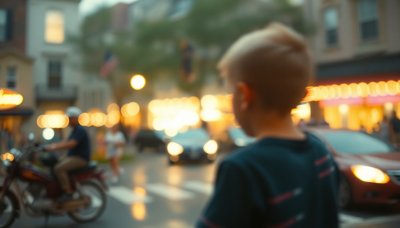 An abstract, impressionistic scene of a young boy watching a parade through a rain-streaked window, with blurred figures and muted colors conveying a sense of wonder and unease.