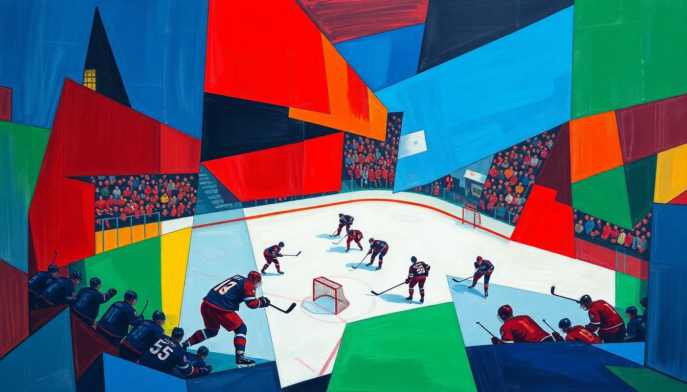 A cubist, geometric painting depicting a hockey game, with sharp, overlapping planes of color representing the dynamic action on the ice.
