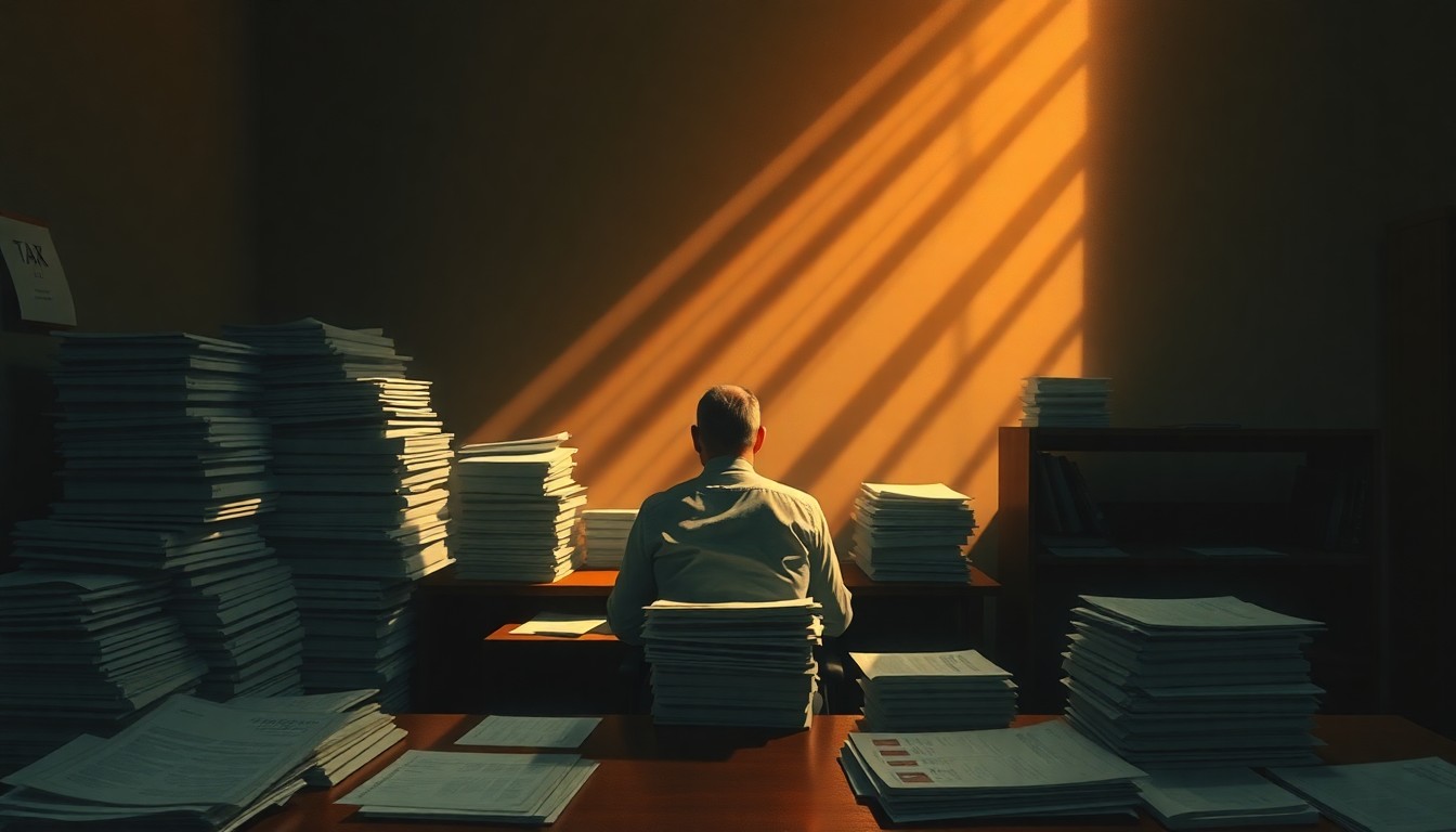 A cinematic painting of a lone taxpayer sitting at a desk, surrounded by tax forms and documents, with warm light and deep shadows creating a pensive, contemplative mood.